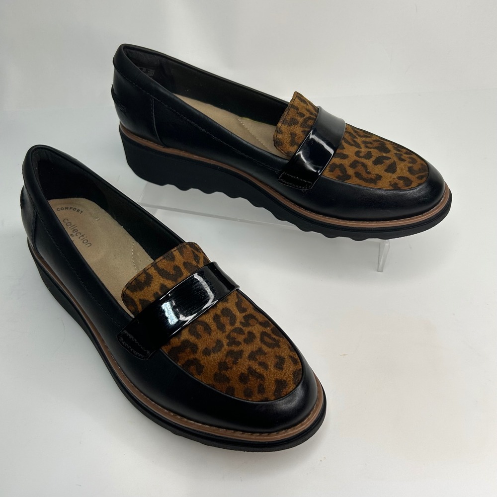 Clarks Collection Black Leather Leopard Calf‎ Hair Wedge Loafers  Womens 7.5